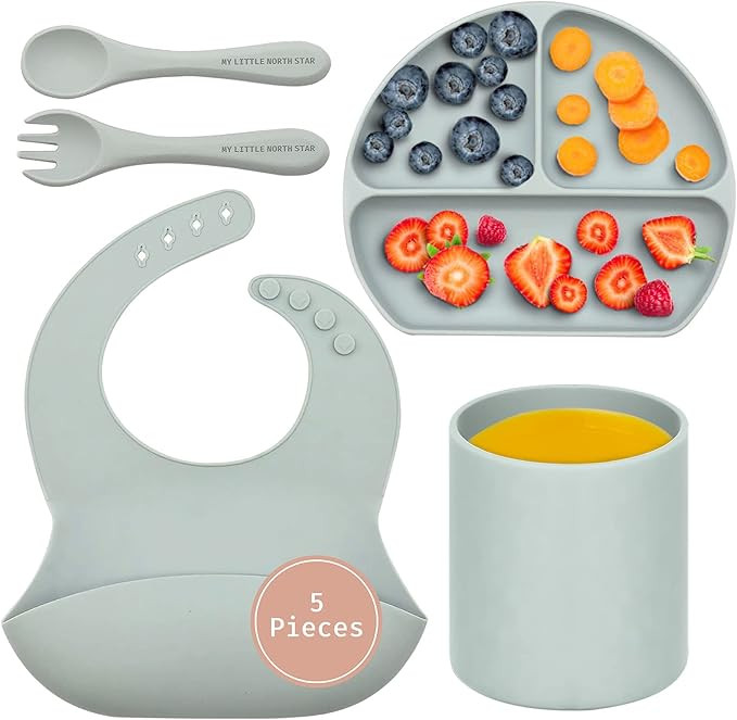 Baby Silicone Feeding Set - Baby Led Weaning Set - Baby Bib, Suction Divided Plate, Dinnerware Cu... | Amazon (US)