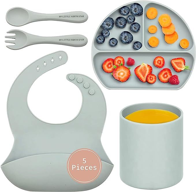 Baby Silicone Feeding Set - Baby Led Weaning Set - Baby Bib, Suction Divided Plate, Dinnerware Cu... | Amazon (US)