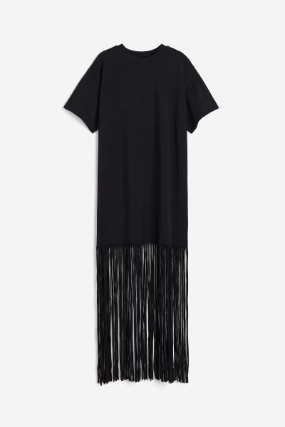 Fringe-trimmed T-shirt Dress - Black - Ladies | H&M US | H&M (US + CA)