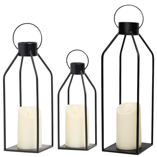3 Pcs Black Metal Candle Lanterns Decorative,Modern Farmhouse Lantern Decor with 3 Realistic Flickering Candles,Rustic Candle Holder for Indoor,Outdoor,Tabletop,Porch | Amazon (US)