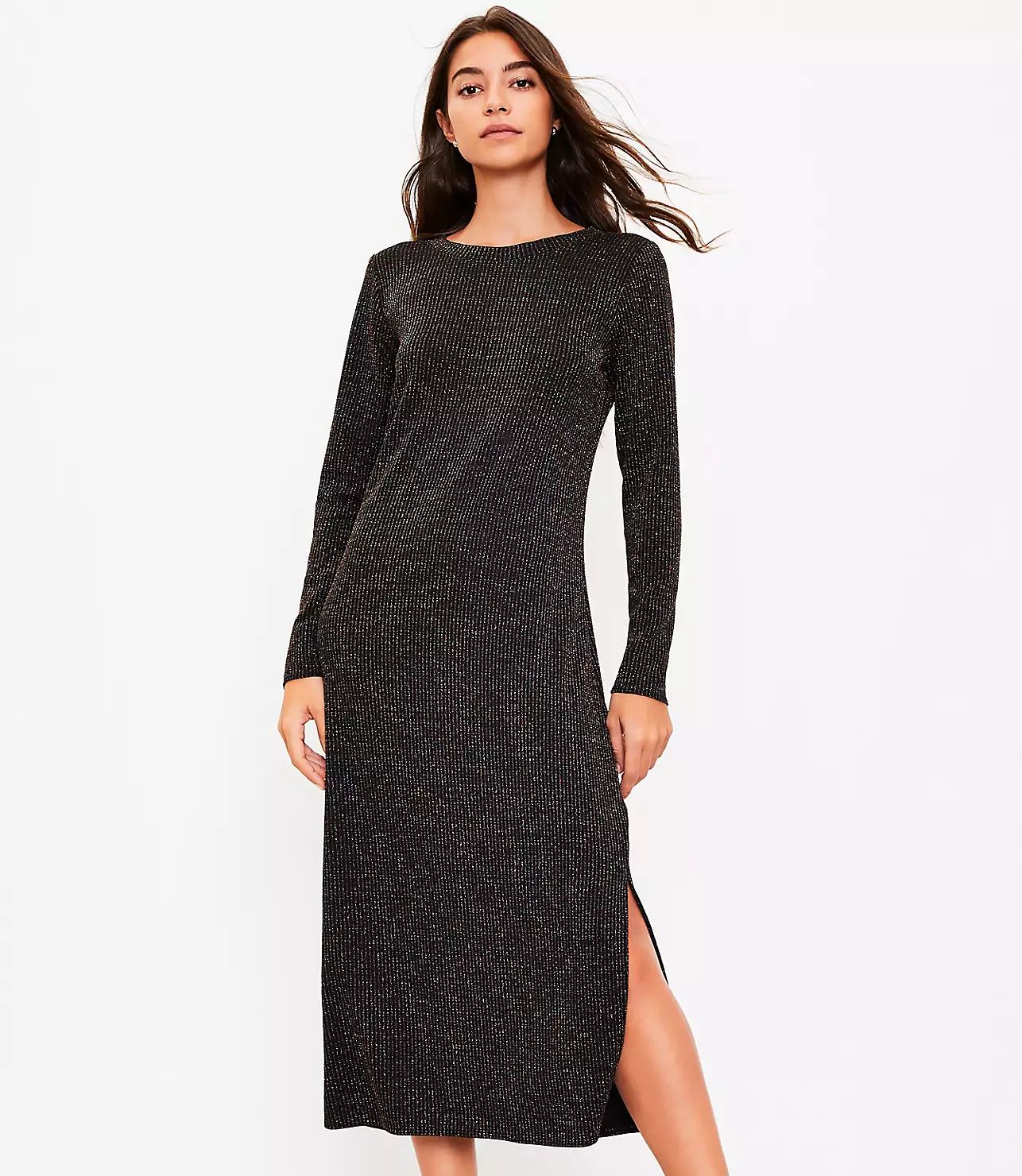 Shimmer Long Sleeve Midi Dress | LOFT