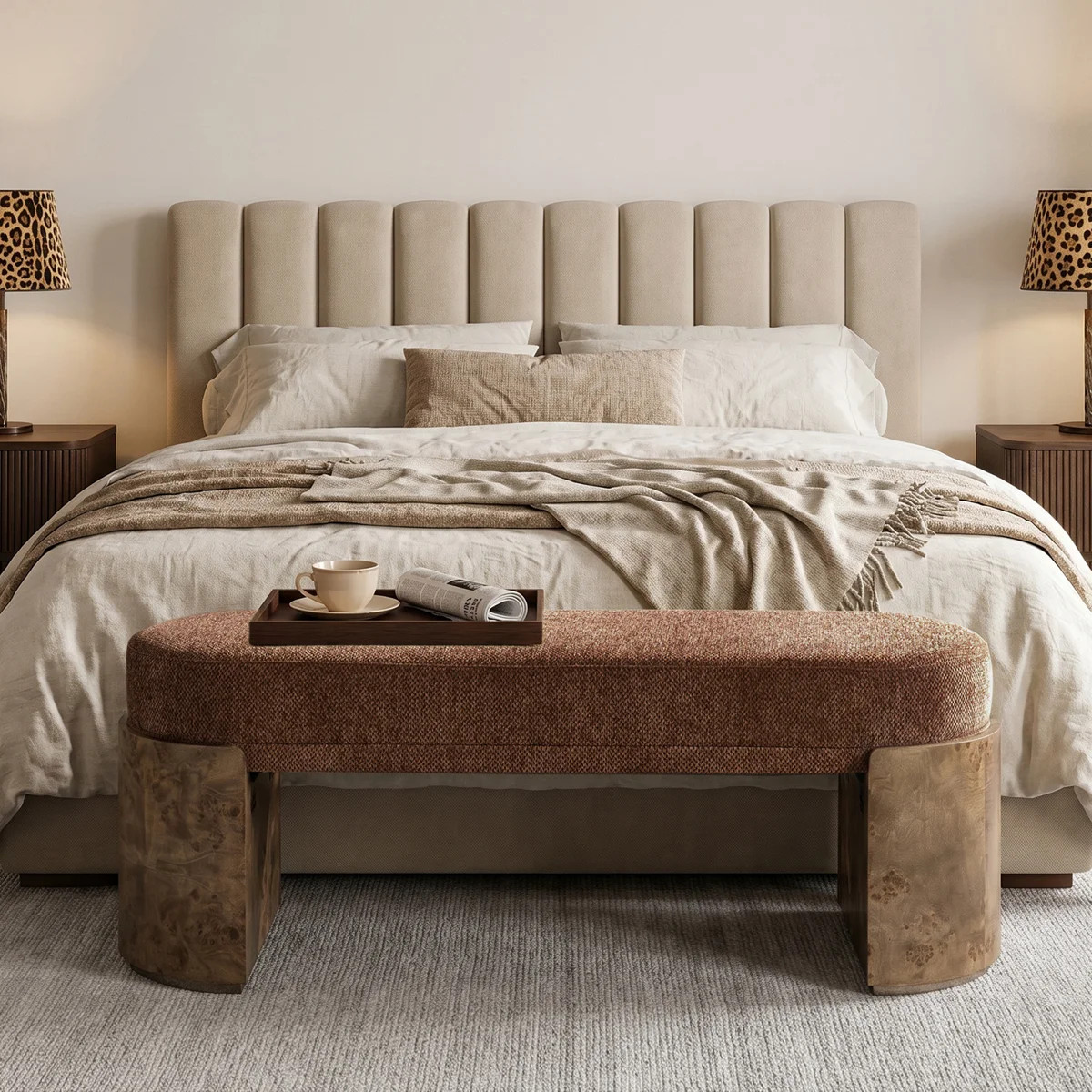 Amandine Modern 48"W Curved Bench with Burl Wood Legs | Wayfair North America