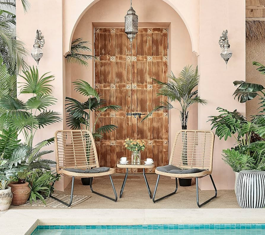 Urban Home Santorini 3-Piece Outdoor PE Rattan Boho Cushions Conversation Set, Natural, Grey | Amazon (US)