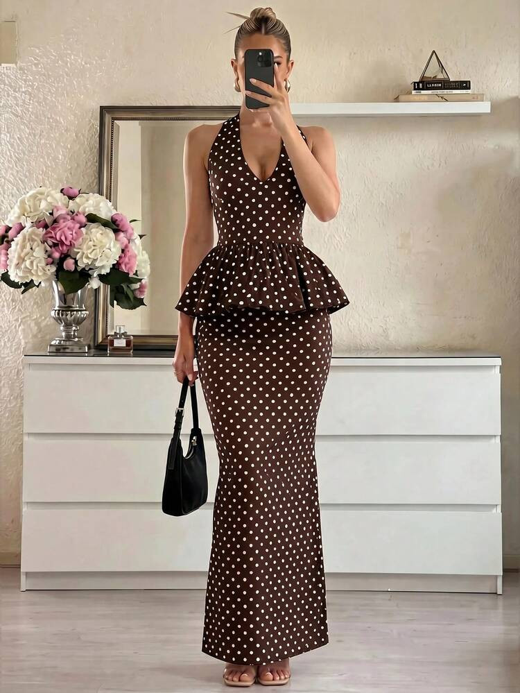 Lumalex Polka Dot Print V-Neck Halter Tie Ruffle Hem Top And Low Waist Mermaid Hem Skirt 2 Pieces... | SHEIN
