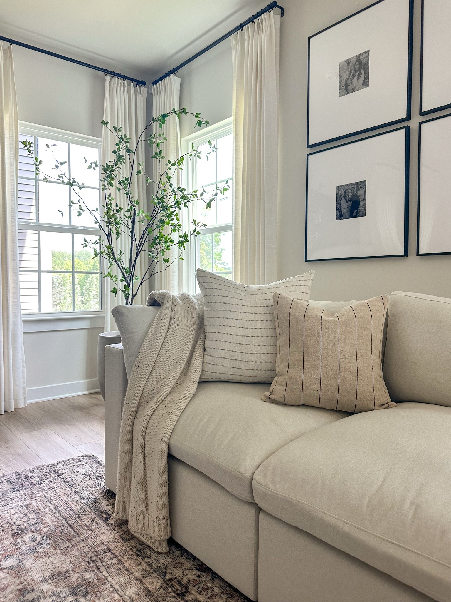 Cozy living room corner 
#rug #fauxtree #frames #throwpillows #livingroom

#LTKHome #LTKSaleAlert