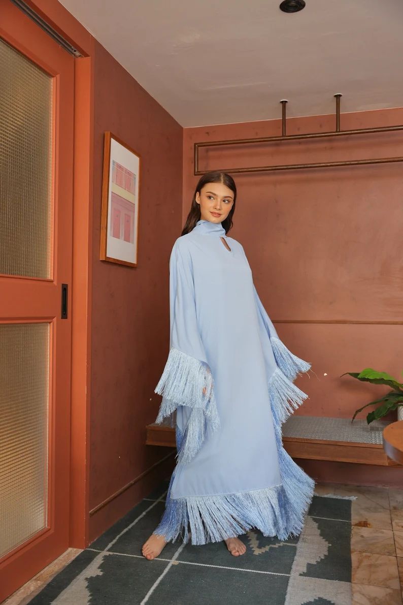 Fringe-trimmed Kaftan Dress Light Blue Sky Caftan Plus Size Clothing 4x Abaya for Women Dubai Bat... | Etsy (US)