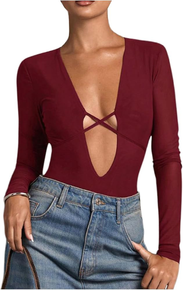 SOLY HUX Women's Deep V Neck Long Sleeve Bodysuits One Piece Leotard Party Tee Tops | Amazon (US)