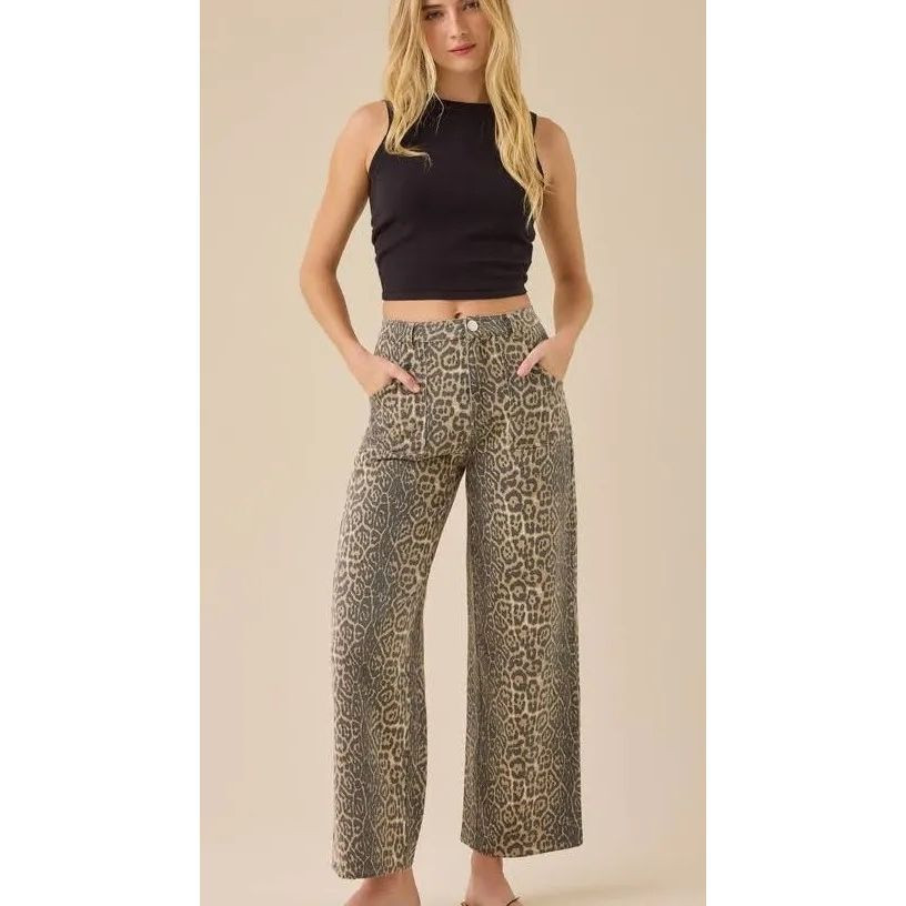 Leopard Print Wide-Leg Pants - Taupe/Black | Poshmark
