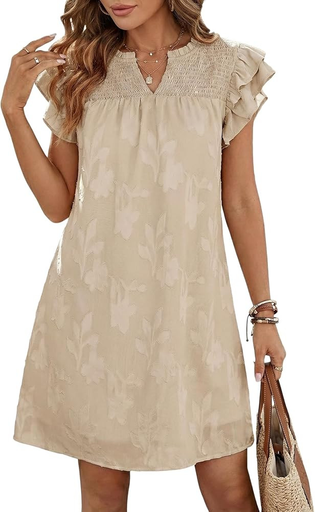 Dokotoo Womens Summer Dresses 2026 Ruffle Short Sleeve Casual V Neck Smocked Floral Burnout Mini ... | Amazon (US)