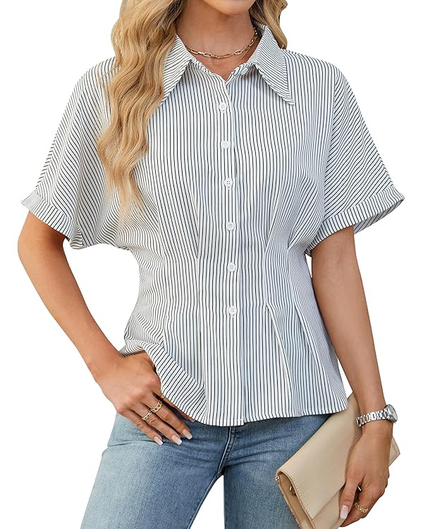BMJL Womens Business Casual Outfits Dressy Casual Blouse Summer Button Down Peplum Tops Striped S... | Amazon (US)