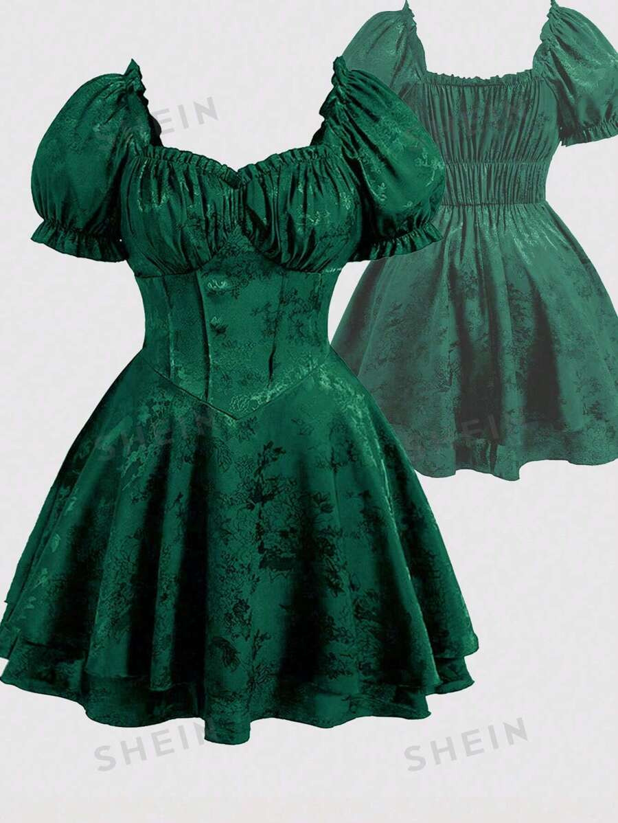 SHEIN MOD Plus Size Women's Elegant Floral Jacquard Puff Sleeve Double Hem Midi Dress, For Christ... | SHEIN