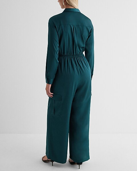 Button Front Tie Waist Wide Leg Cargo Jumpsuit | Express