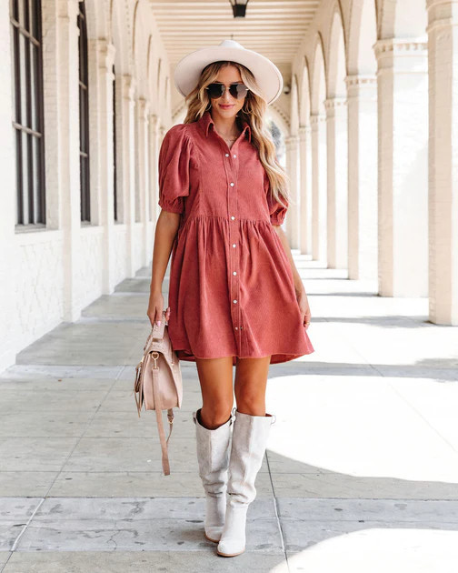 Owen Corduroy Puff Sleeve Babydoll Dress - Clay - FINAL SALE | VICI