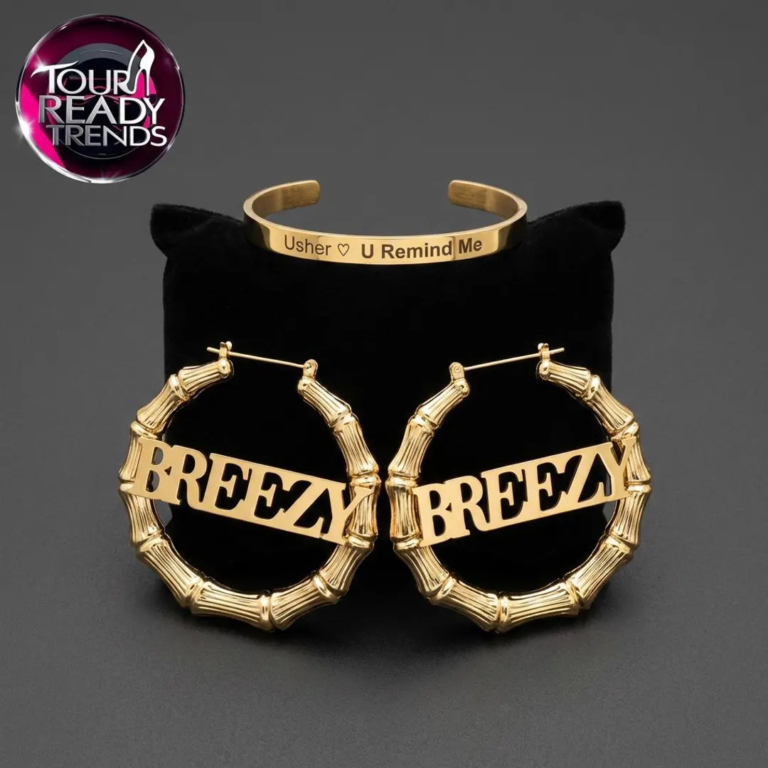 Breezy 4-ever Gold Bamboo Hoop Earrings | Team Breezy Chris Brown & Usher Rnb Tour Concert Outfit... | Etsy (Global)