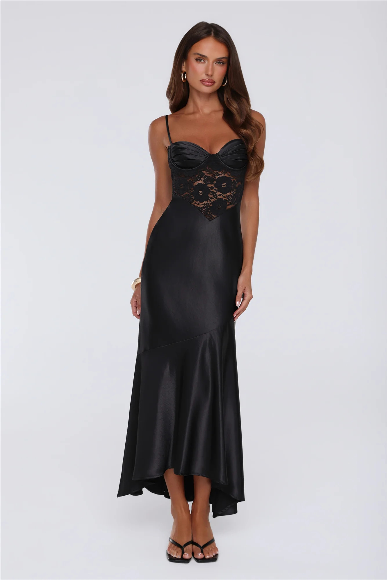 Sultry Horizon Satin Lace Maxi Dress Black | Hello Molly (US)