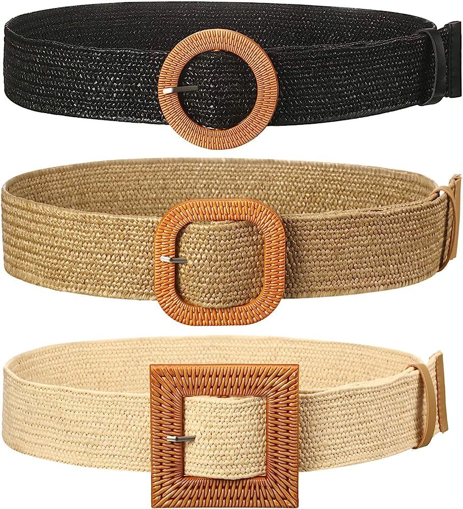 3 Pieces Straw Woven Elastic Waist Belt for Women Wide Stretch Waist Belt Bohemian Dress Braided ... | Amazon (US)