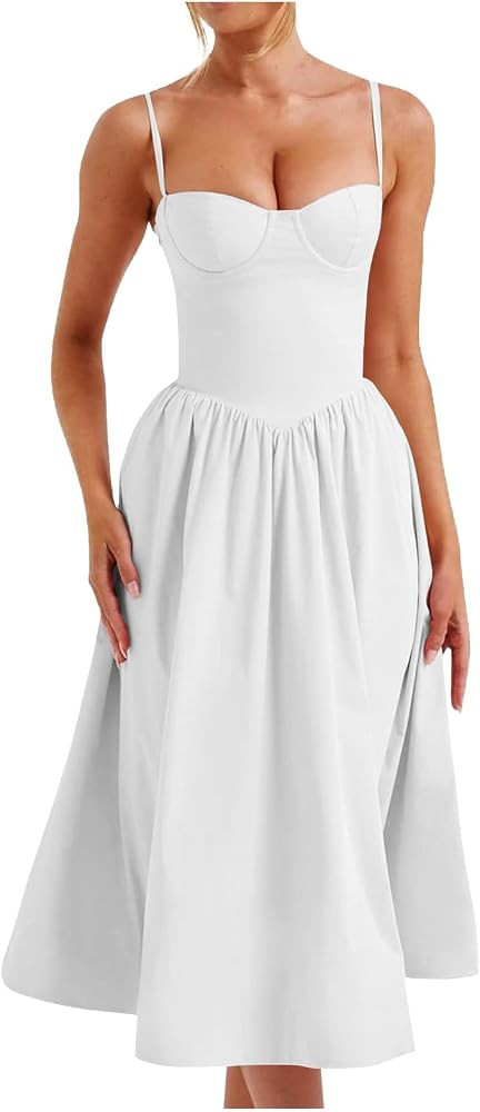 Sleeveless Corset Dress for Women 2024 Elegant Spaghetti Strap Midi Dress Flowy Pleated Hem Low C... | Amazon (US)