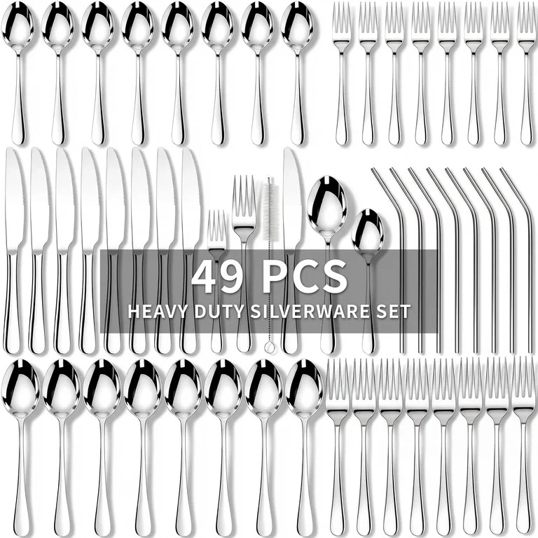 Kikcoin Silverware Set for 8, 49 Pcs Stainless Steel Flatware Set, Mirror Polished  Tableware Cut... | Walmart (US)