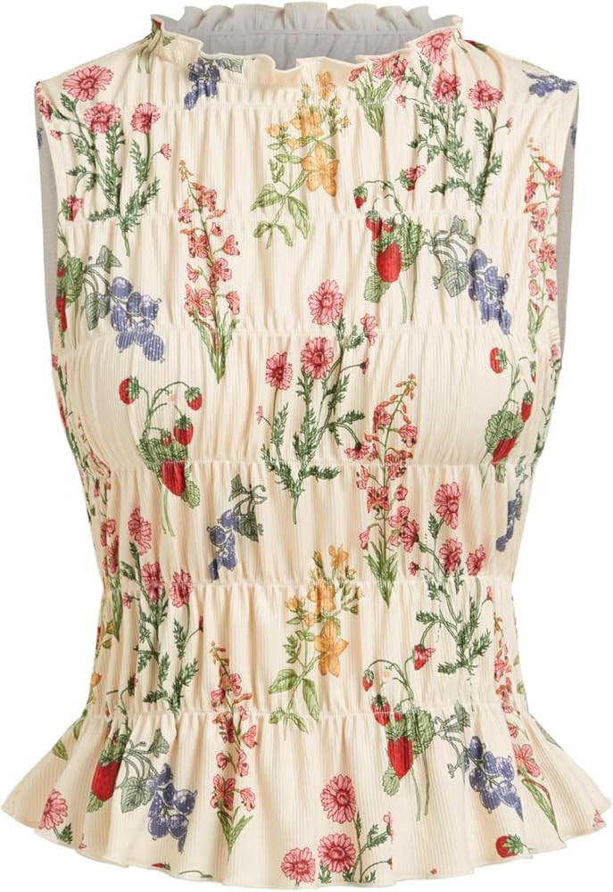 CIDER Floral Crop Tank Tops for Women Ruffle Tiered Shirred Sleeveless Cute Summer Tops Trendy Go... | Amazon (US)