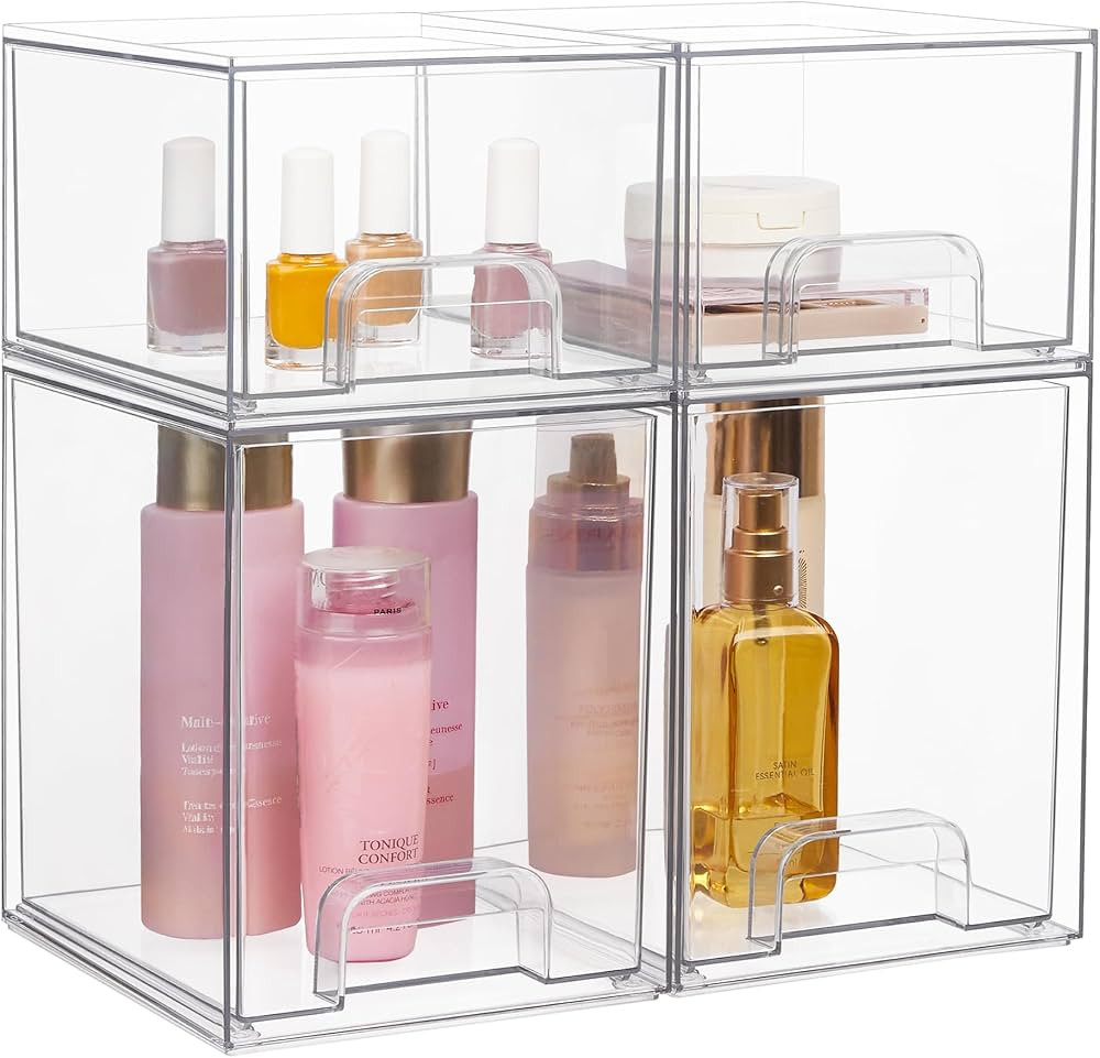 Vtopmart Stackable Storage Drawers Set of 4, 7.6"H and 4.4''H Clear Plastic Organizer Bins for Ba... | Amazon (US)