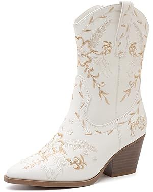 ANJOUFEMME Western Women's Cowboy Cowgirl Boots,Embroidered Round-toe Mid-calf Boots | Amazon (US)