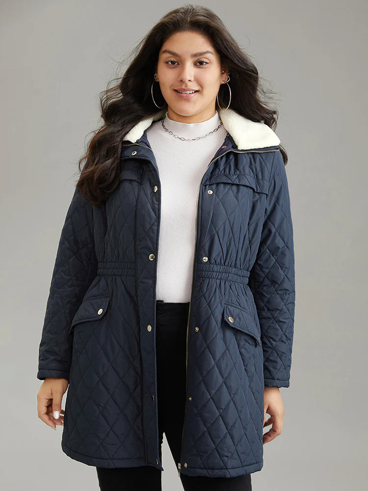 Patchwork Padded Fuzzy Trim Zipper Quilted Coat | Bloomchic