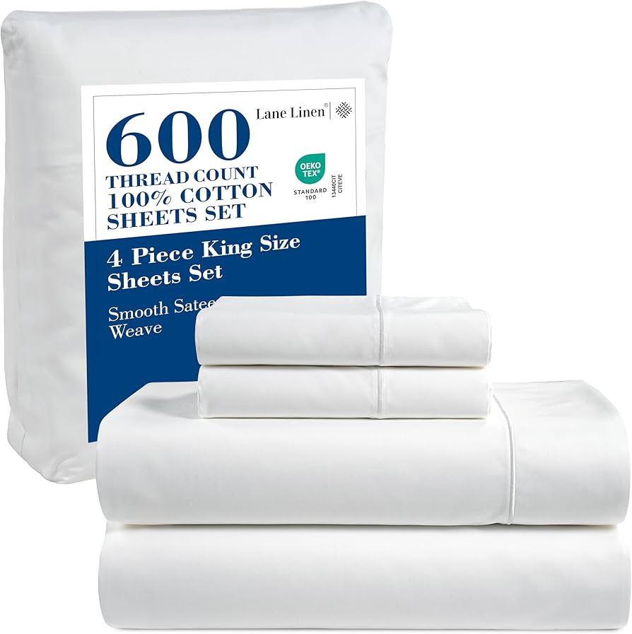 LANE LINEN 600 TC King Size Sheets Set - 100% Mercerized Cotton Sheets King Size Fully Elasticize... | Amazon (US)