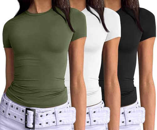 AUTOMET Womens 3 Piece Short Sleeve Shirts Basic Going Out Slim Fitted Crop Tops 2025 Summer Y2k Clothes Black,White,Army Green L | Amazon (US)