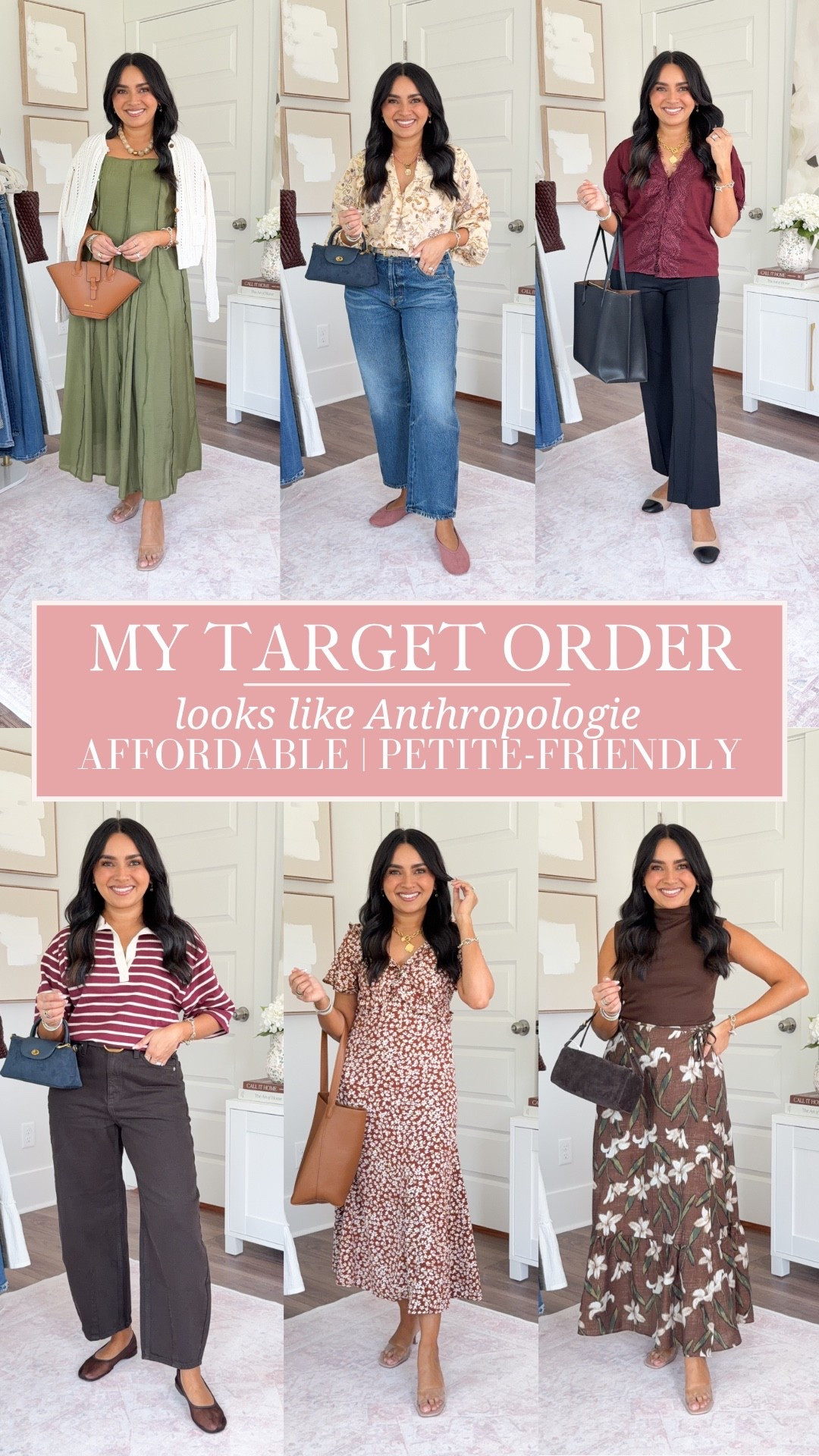 My Target order looks expensive!
For reference: I’m 5’0, petite, 32b bra size, and 2/26 in bottoms, pear shaped. 
*Everything I share is unaltered! TTS means true to size. Between size 5-6.5 in shoes

Olive green dress size xs TTS
Cream cardigan size xs TTS
Clear heels size 5 TTS

Yellow floral top size xs TTS
Mid rise boyfriend jeans in medium wash size 2 short - runs a little big in the waist 
Rose pink flats size 5 TTS

Burgundy lace top size xs TTS
Black pants size xs regular TTS
Cap toe flats - old, similar linked 

Striped polo shirt size xs TTS - meant to be a roomy fit
Brown barrel jeans size 2 short TTS
Brown chocolate mesh flats size 5 TTS

Brown floral dress size xs TTS
Clear heels size 5 TTS

Brown tank size xs TTS
Brown floral skirt size xs TTS
Clear heels size 5 TTS


Teacher outfits
Back to school outfits
Fall casual
Early autumn outfits
 Business casual workwear 
Travel outfits
Women’s style
Ballet flats
Fall trends

#LTKPetite #LTKgrwm #LTKootd