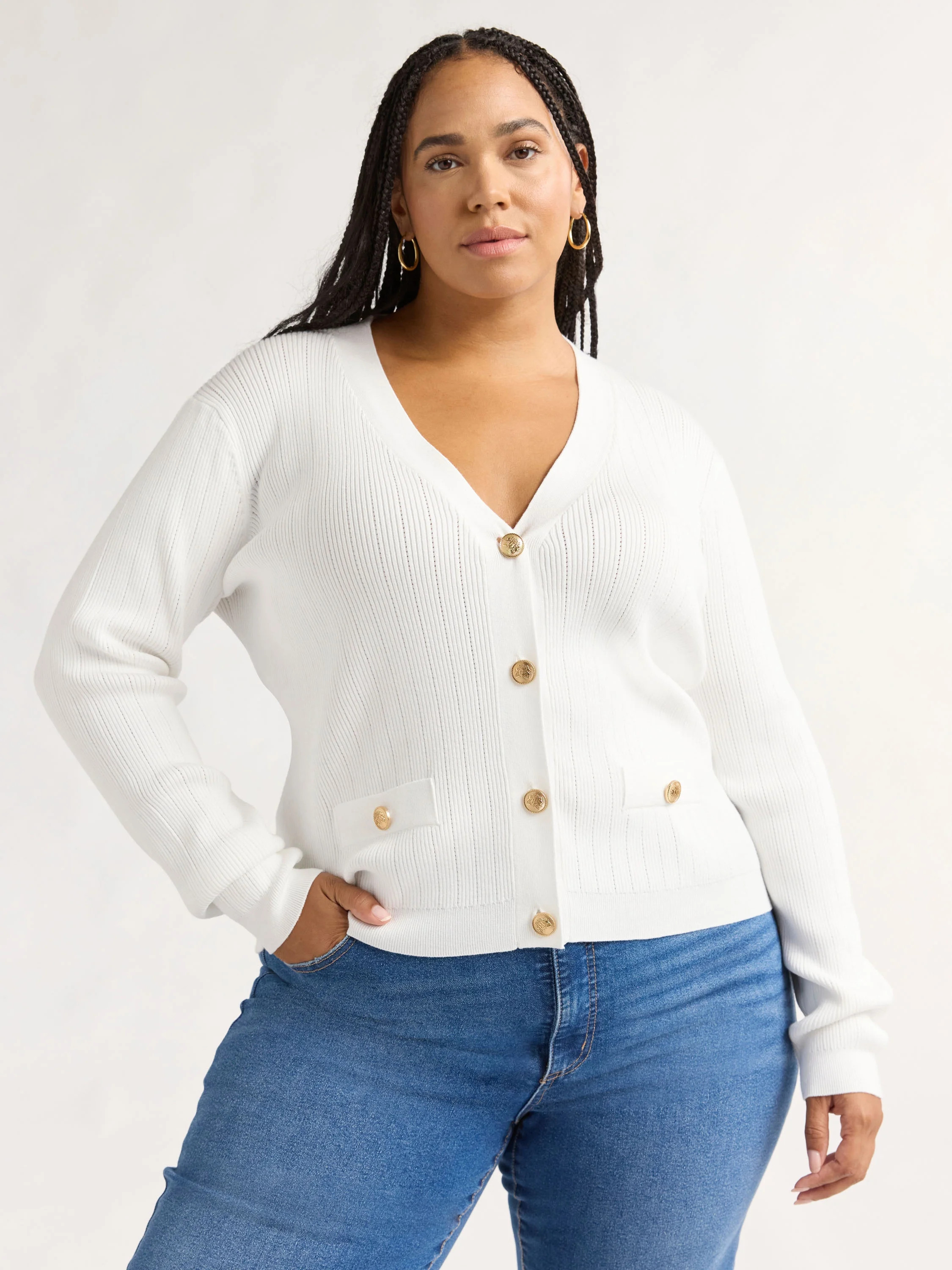 Sofia Jeans Women's and Women's Plus Ribbed Button Cardigan, Lightweight, Size XS-4X | Walmart (US)
