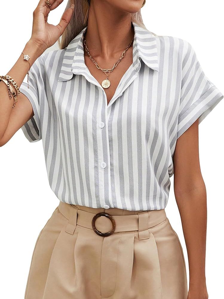 Verdusa Women's Stripe Print Short Sleeve Button Down Blouse Shirt Tops | Amazon (US)