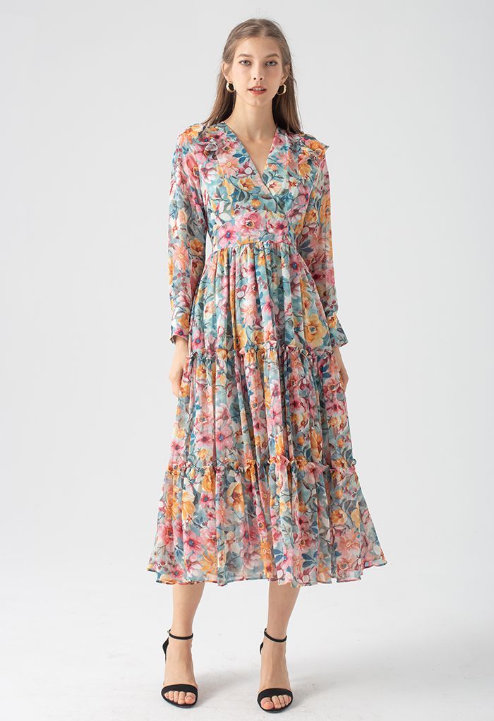 Colorful Floral Ruffle Chiffon Dress | Chicwish