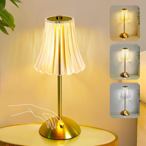 Cordless Table Lamp Rechargeable,LED 3 Colors Light Touch Dimmable Gold Small Lamp Decorative 12" for Nightstand,Bedside,Kitchen,Living Room 2600mAh High Capacity Battery Powered (Acrylic Flower) | Amazon (US)