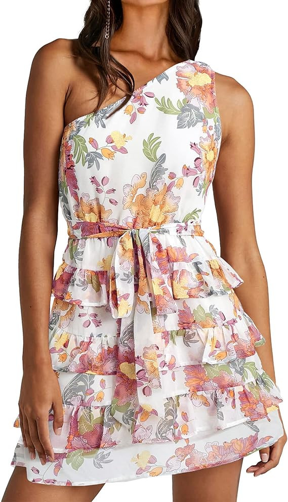 BTFBM Women One Shoulder Summer Dresses 2026 Floral Sundress High Waist Flowy Mini Beach Spring W... | Amazon (US)