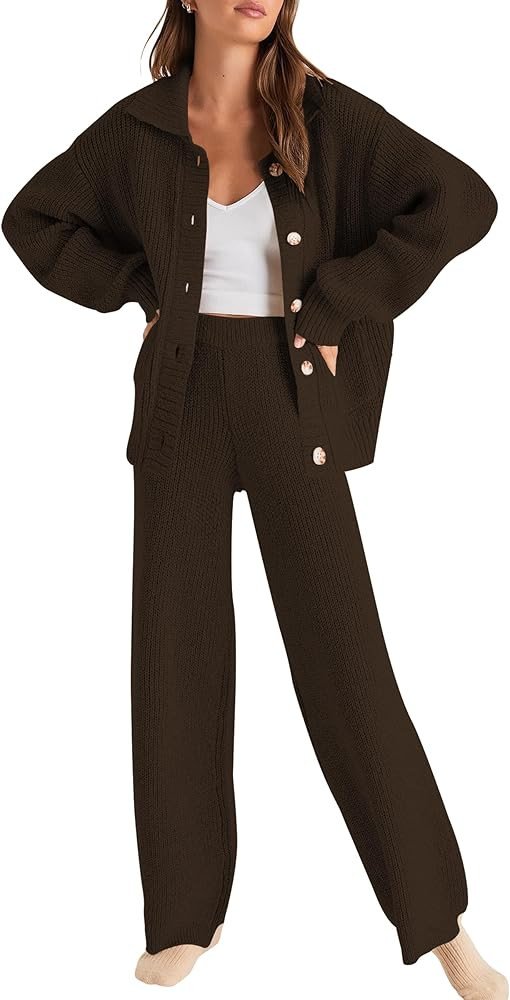 Cakulo Womens 2024 Lounge Sets 2 Piece Outfits Fall Button Sweater Matching Set Wide Leg Loungewe... | Amazon (US)