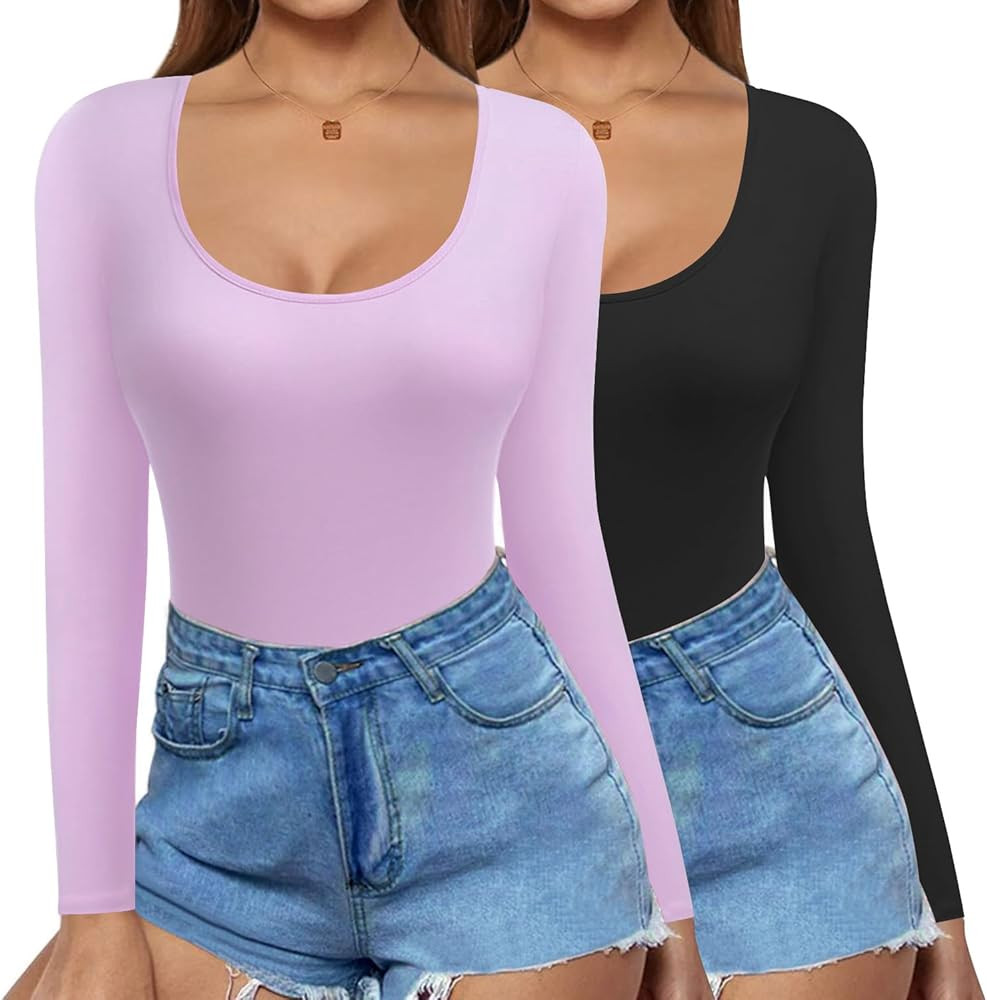 Ekouaer 2 Pack Women's Scoop Neck Tops Long Sleeve Slim Fit T Shirt Thermal Shirts Basic Tight Te... | Amazon (US)