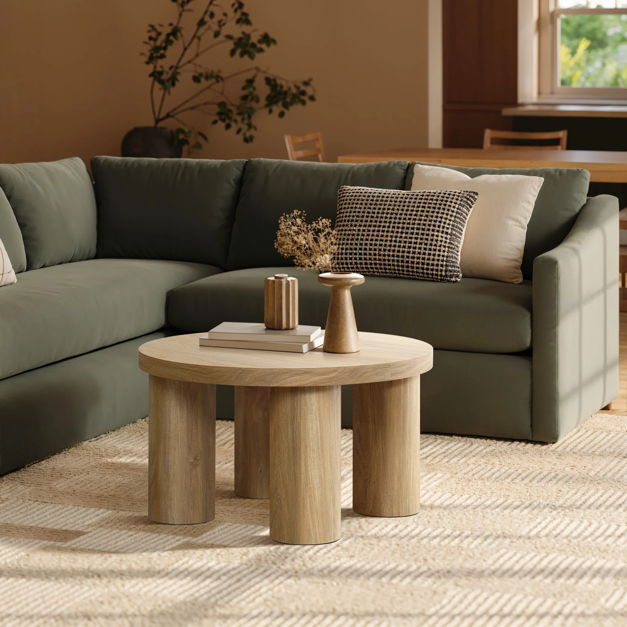 Oak Finish Manufactured Wood Round Coffee Table with 4 Pillar Legs | Wayfair North America
