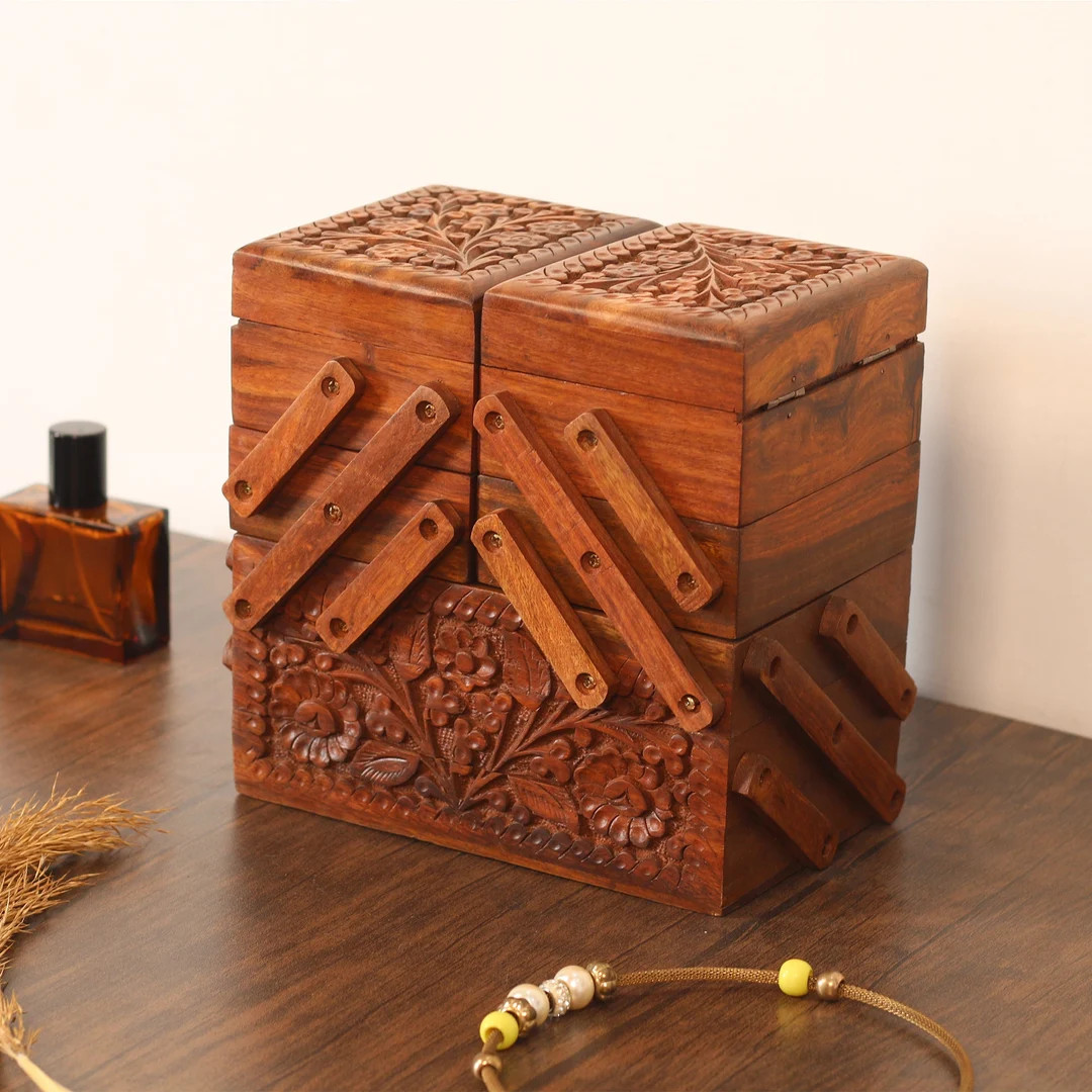 Foldable Jewelry Organizer With 7 Compartments, Engraved Wood Jewelry Box With Drawers and Mirror... | Etsy (US)