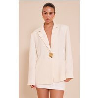 Cream Button Detail Linen Look Boxy Blazer | PrettyLittleThing US