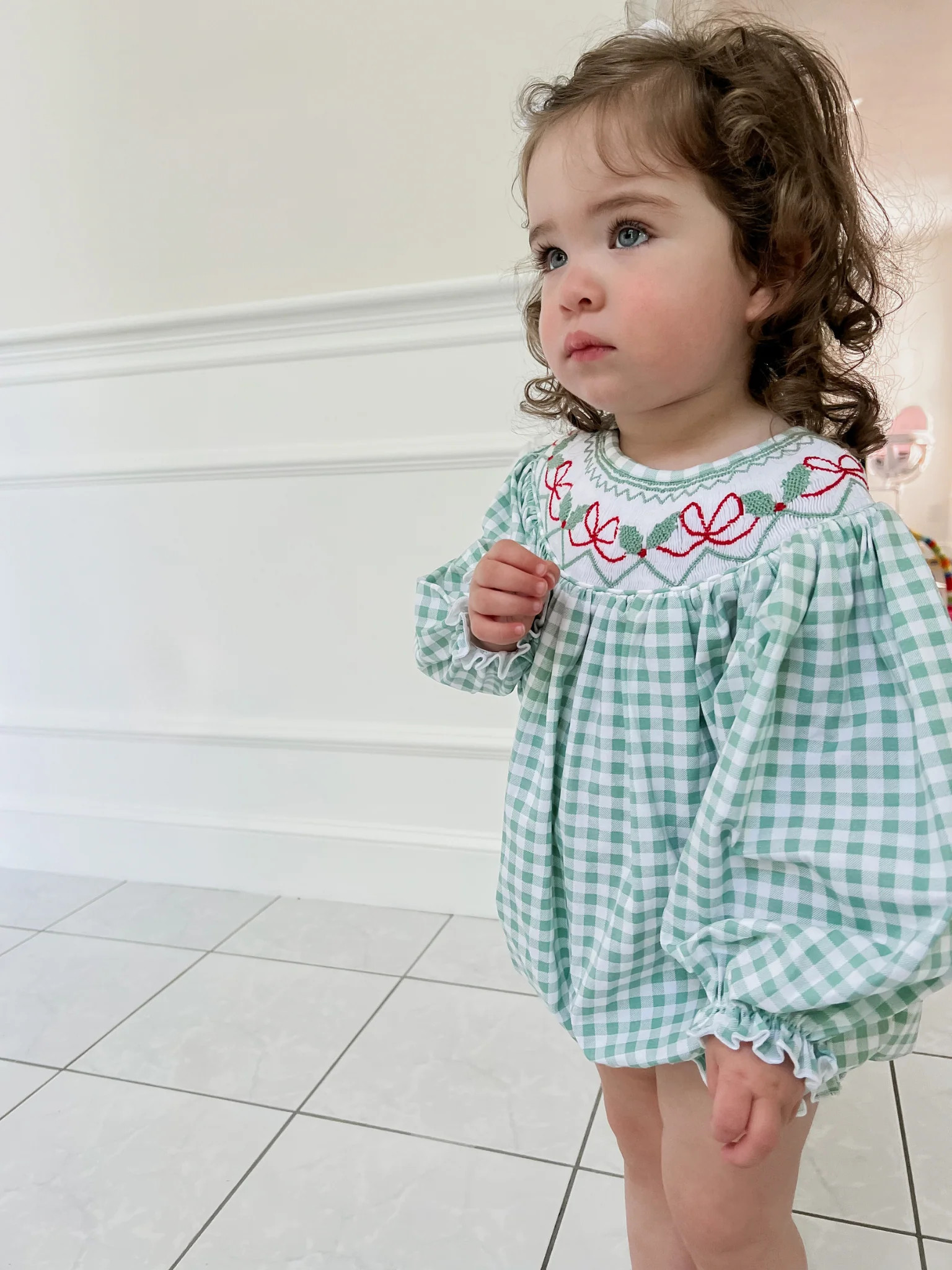 Blakely Red Bow Christmas Smocked Bubble | Lillie & Lilah