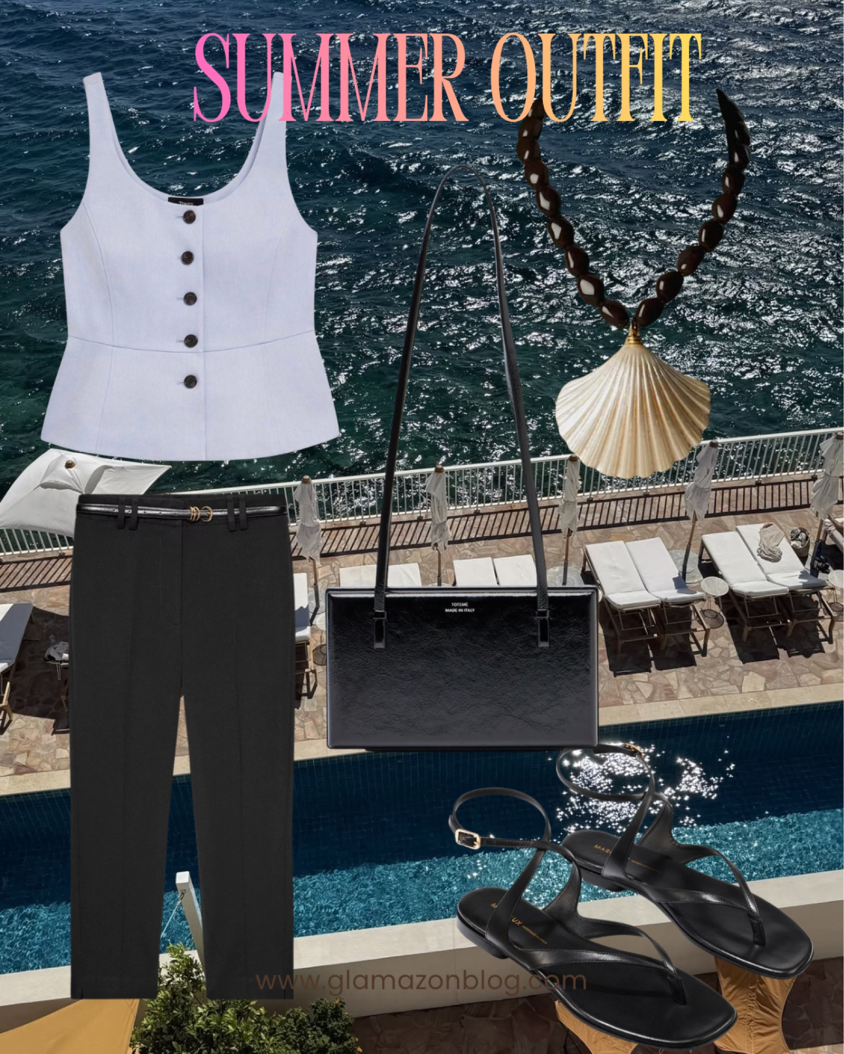 Peplum top, Zara capris, Capri pants, Margaux sandals, shell necklace, Mytheresa, theory top, toteme bag, black bag 

#LTKdatenight #LTKsummer #LTKeurope