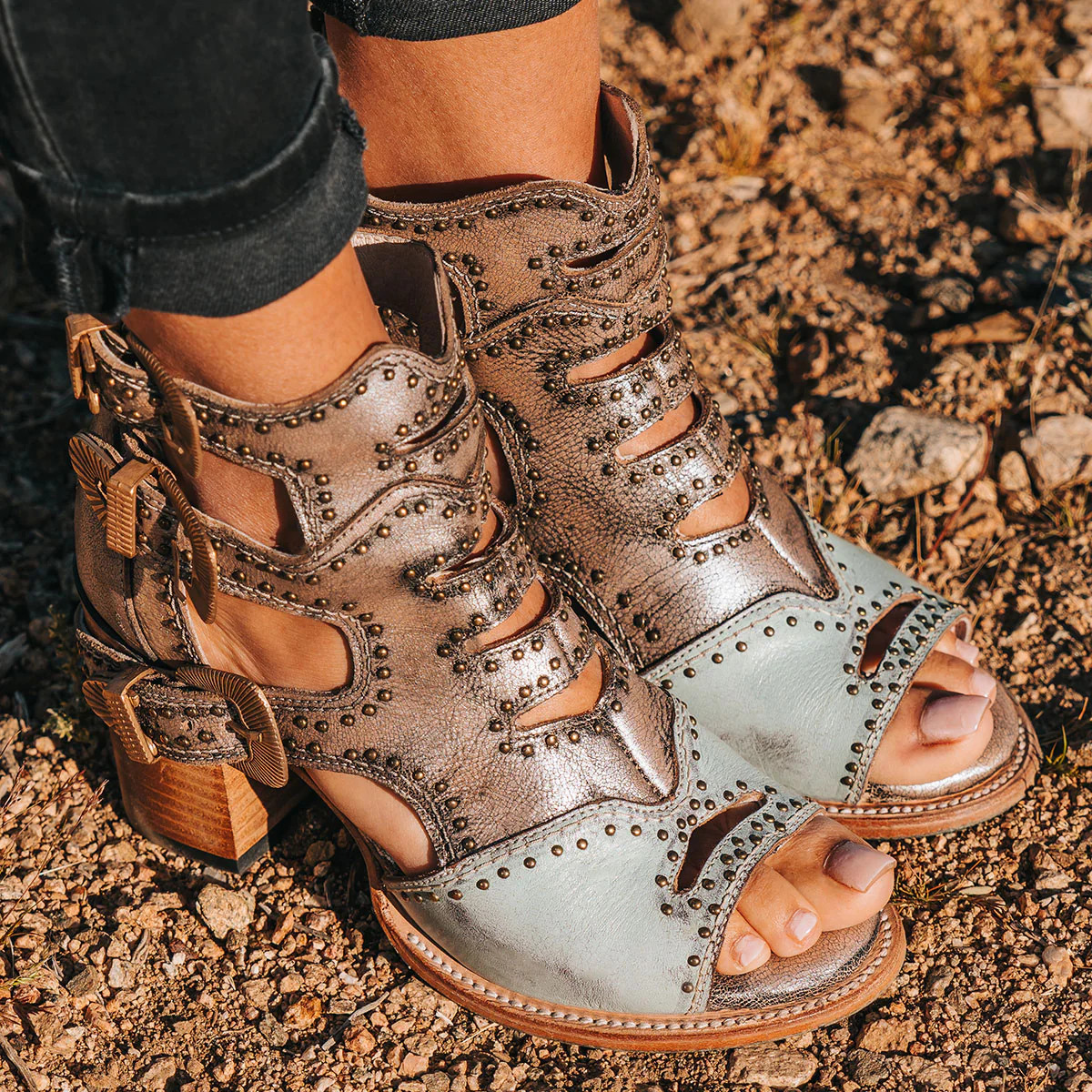 BRADSHAW Women's Exclusive Studded Leather Sandal Blue/Silver Multi | Freebird Stores | Shop Wome... | Freebird