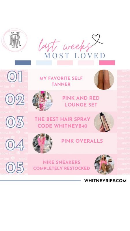 Weekly best sellers!
Top sellers
My favorite self tanner / pink and red lounge set / Incommon hair spray / pink overalls / Nike tennis shoes 


#LTKunder50 #LTKstyletip #LTKunder100