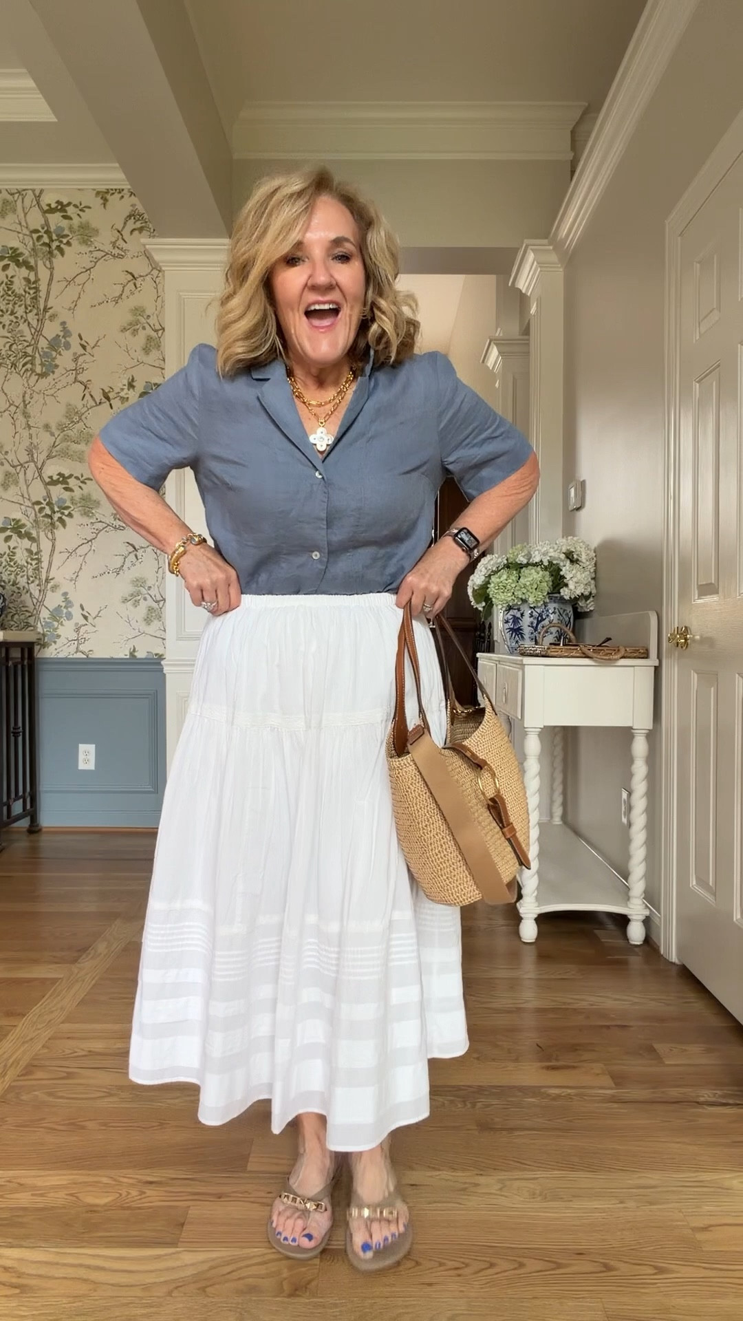 This is the Abercrombie skirt. It is a lighter weight, cotton fully lined with a really pretty pink top and lace details. The waistband is not very wide. I’m wearing a medium.
Linen blouse size medium short 
I’ll link similar neutral sandals

#LTKOver40 #LTKPetite #LTKSeasonal
