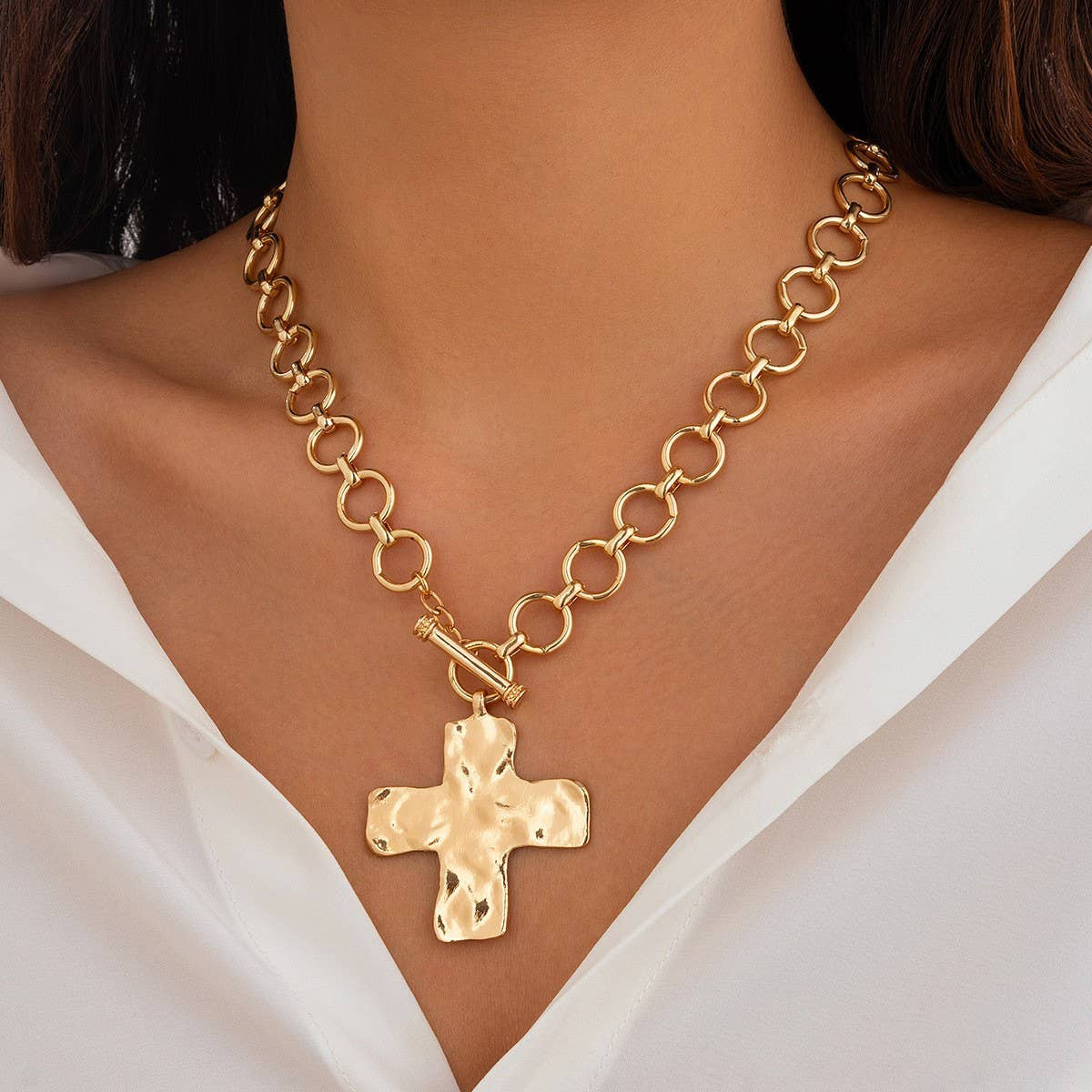 Hammered Gold Cross Front Toggle Necklace | Clover and Bee | Clover + Bee