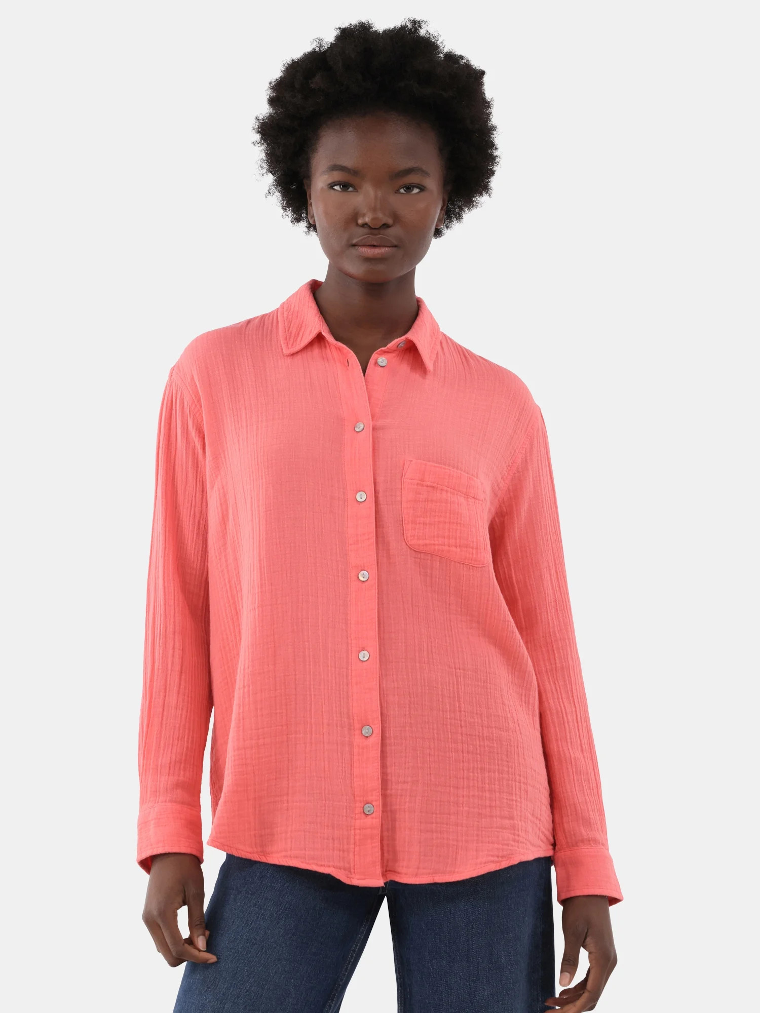 Time and Tru Women's Double Cloth Cotton Shirt, Sizes S-XXXL | Walmart (US)