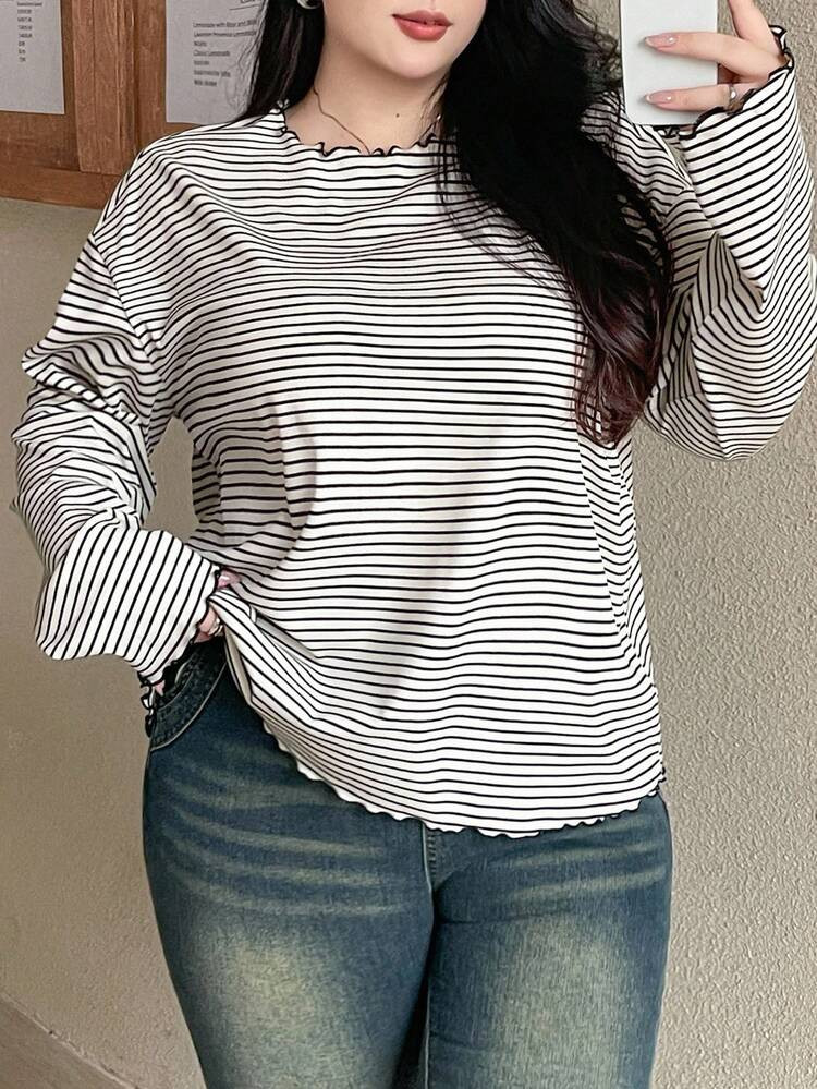 Dazy Plus Oversized Striped Long Sleeve Black & White T-Shirt, Spring/Autumn | SHEIN