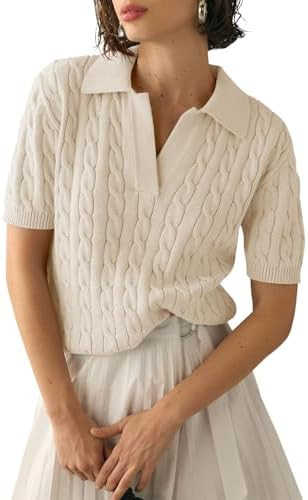Imily Bela Women's Cable Short Sleeve Sweaters Tops Solid Lapel V Neck Knit Casual Soft Pullover ... | Amazon (US)
