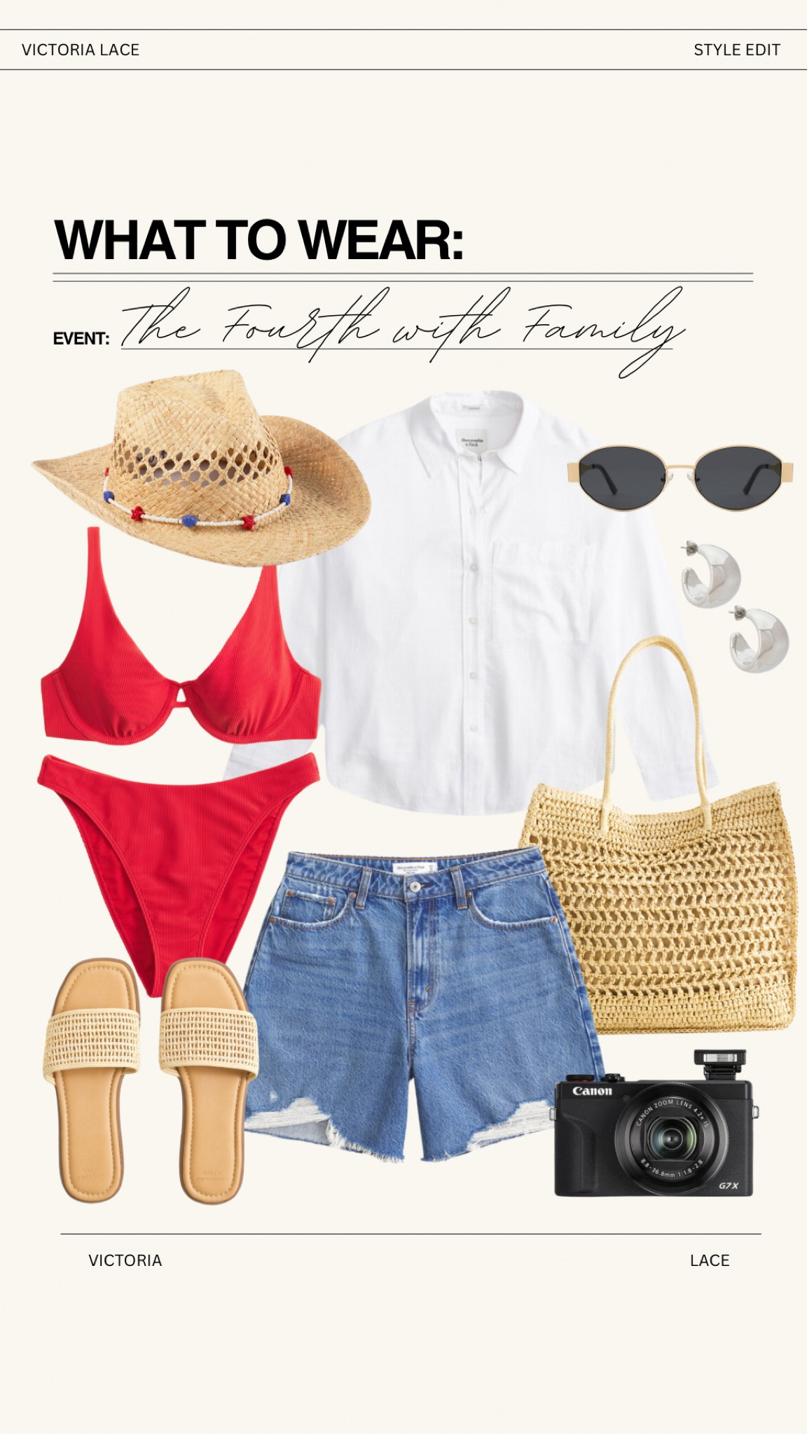 Fourth of July outfit inspo! Love this look for a pool or lake day. Obsessed with this lack of color hat, on sale now!! 

#abercrombie #amazon #style #raffia #denim #shorts #red #swimsuit #bikini #sunglasses #dupe #slides #white #coverup 