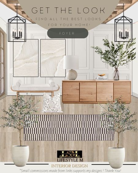 Transitional inspired foyer design. Recreate this look with these home furniture and decor finds. Wood console table, stripe foyer runner, wood floor tile, ceramic white tree planter pot, white floral throw pillow, wood upholstered bench, round table lamp, glass vase, faux fake plant, faux fake olive tree, wall art, foyer pendant light.

#LTKstyletip #LTKFind #LTKhome